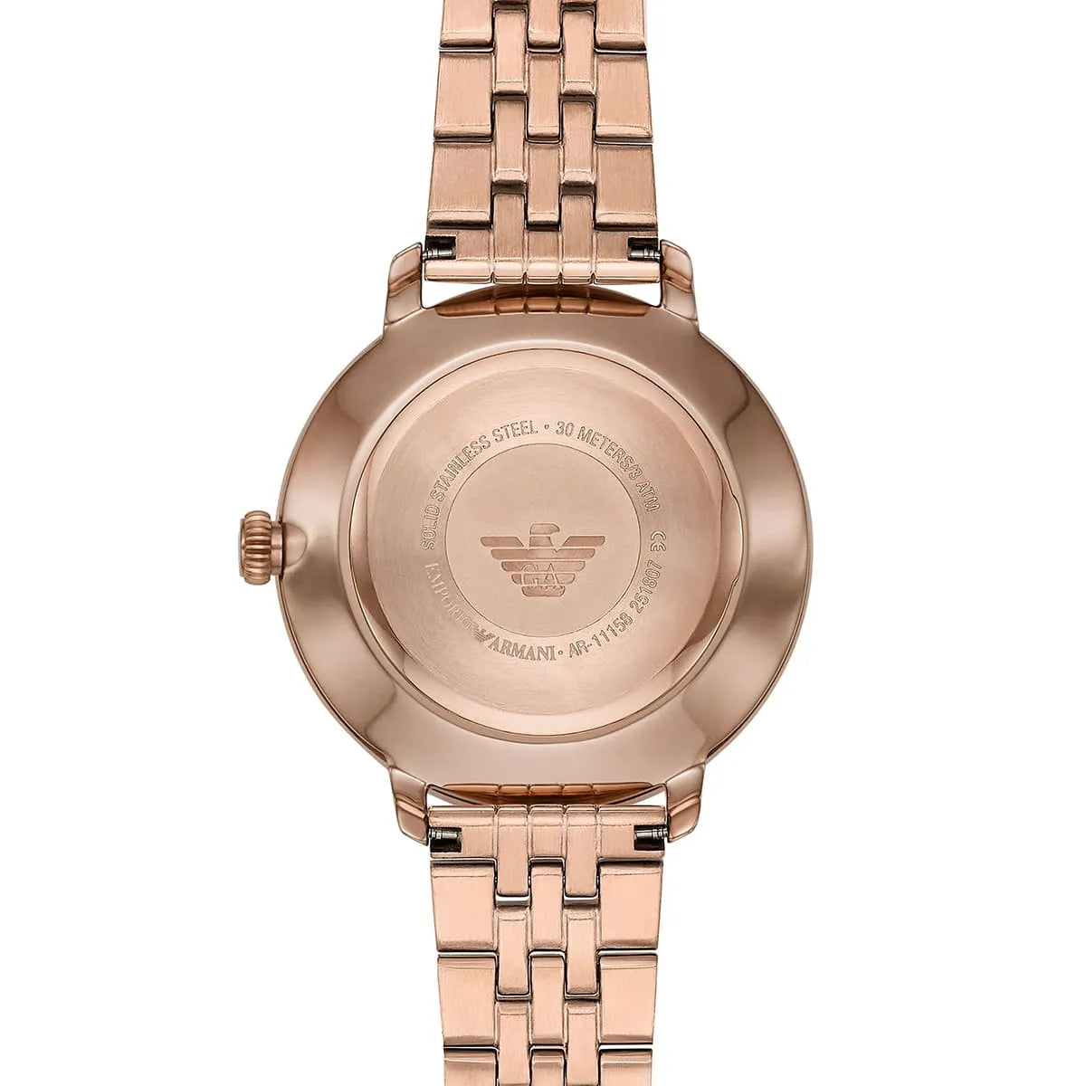 Emporio Armani AR11158 watch caseback with eagle logo and stainless steel 30M battery engraving