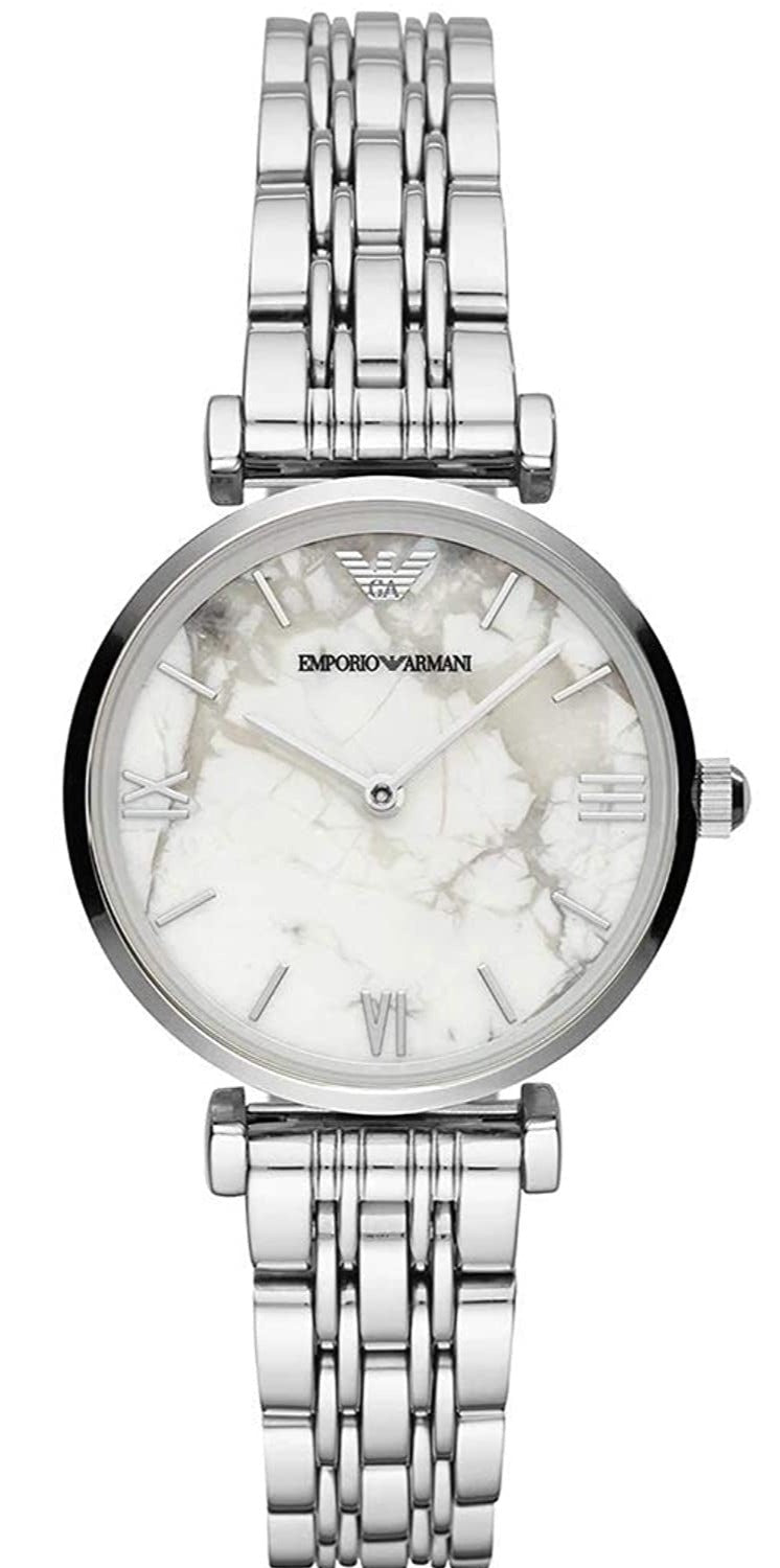 Emporio Armani AR11170 women's watch with white marble dial and stainless steel bracelet
