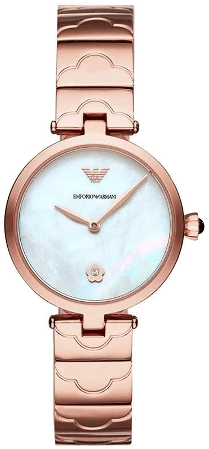 Emporio Armani Arianna AR11236 women's quartz watch with rose gold case, white mother-of-pearl dial, and rose gold bracelet