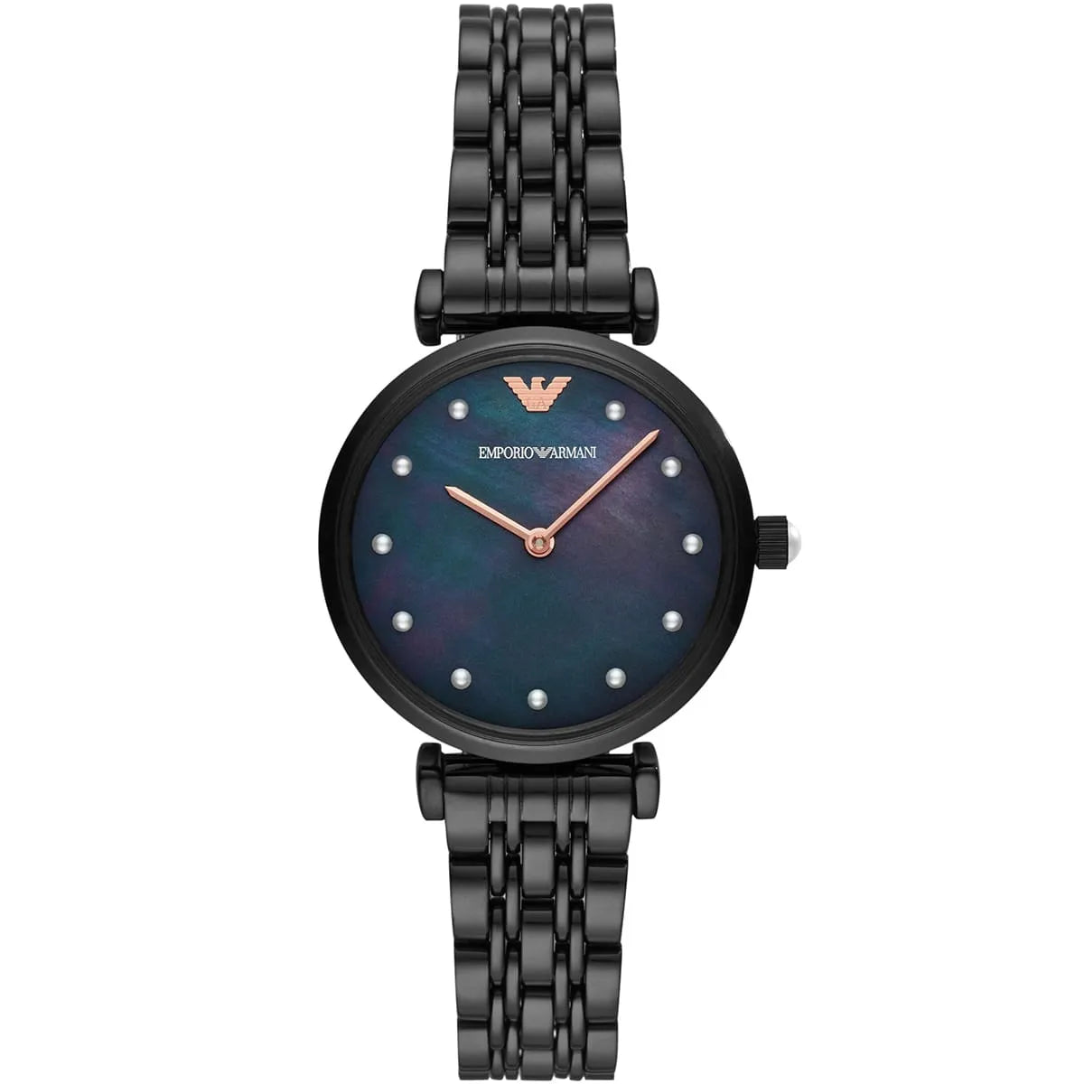 Emporio Armani AR11268 women's watch with black case, navy dial, and pearl markers