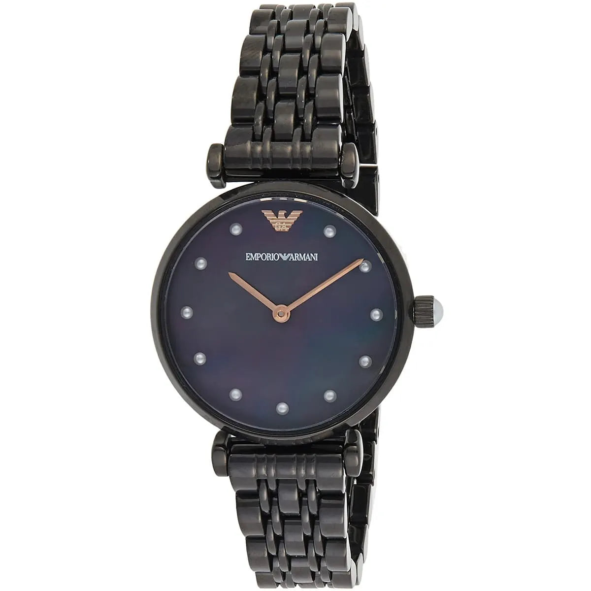 Three-quarter view of Emporio Armani AR11268 watch with dark link bracelet