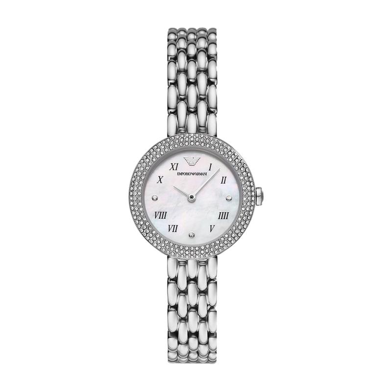 Emporio Armani AR11354 women's watch with white mother of pearl dial and crystal-set bezel