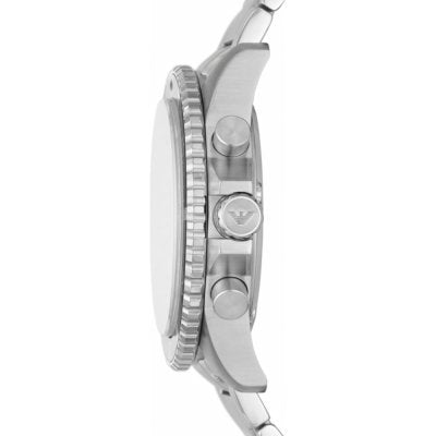 Emporio Armani AR11360 side profile displaying chronograph pushers and rotating bezel