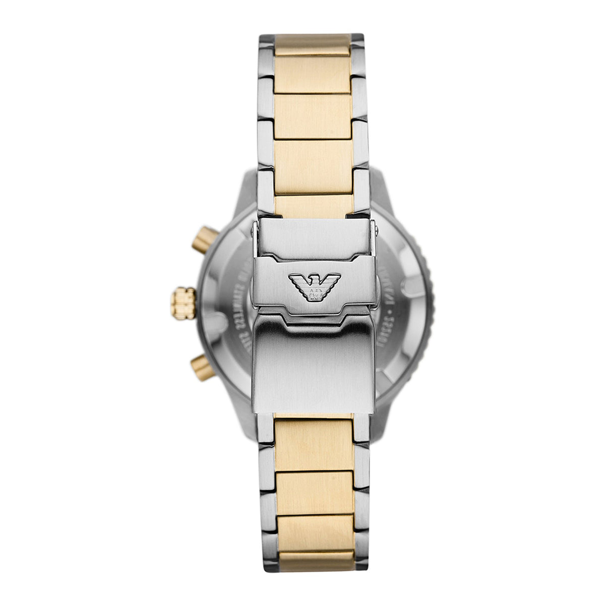 Watch case back showing Emporio Armani eagle logo and two-tone metal bracelet