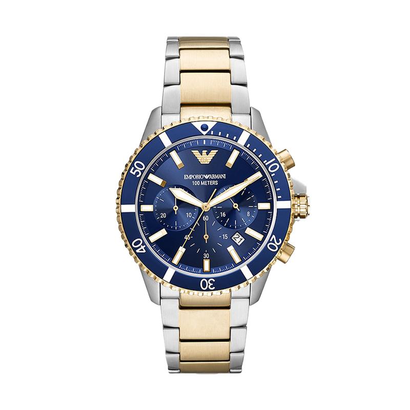 Emporio Armani diver chronograph watch with blue dial and two-tone metal bracelet