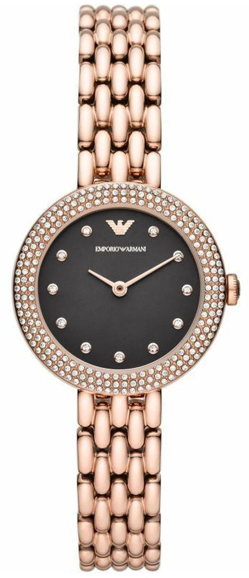 Emporio Armani AR11372 watch with black dial, crystal-set rose gold bezel, and rose gold stainless steel bracelet