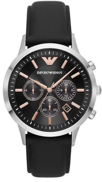 Emporio Armani AR11431 chronograph watch with black dial, rose gold hour markers and hands, silver case, black leather strap