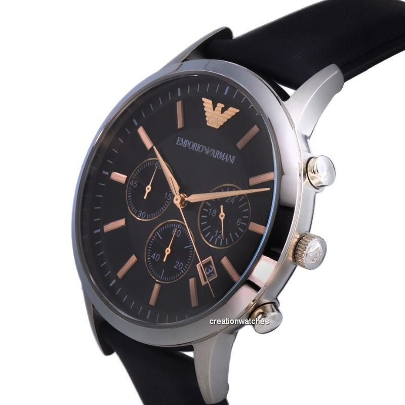 Emporio Armani AR11431 chronograph watch on wrist, displaying black dial with rose gold accents and chronograph pushers
