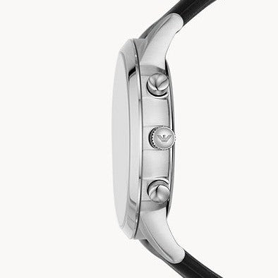 Emporio Armani AR11431 side profile showing silver case, chronograph pushers, and black leather strap