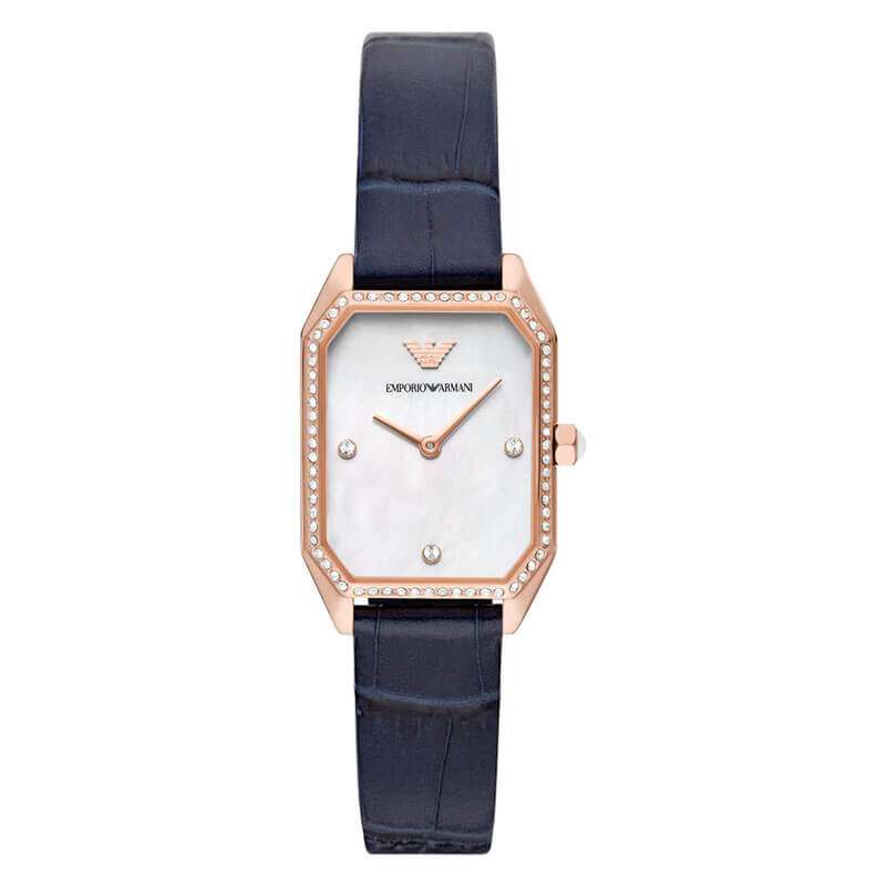 Emporio Armani AR11466 square white dial watch with rose gold case and navy leather strap