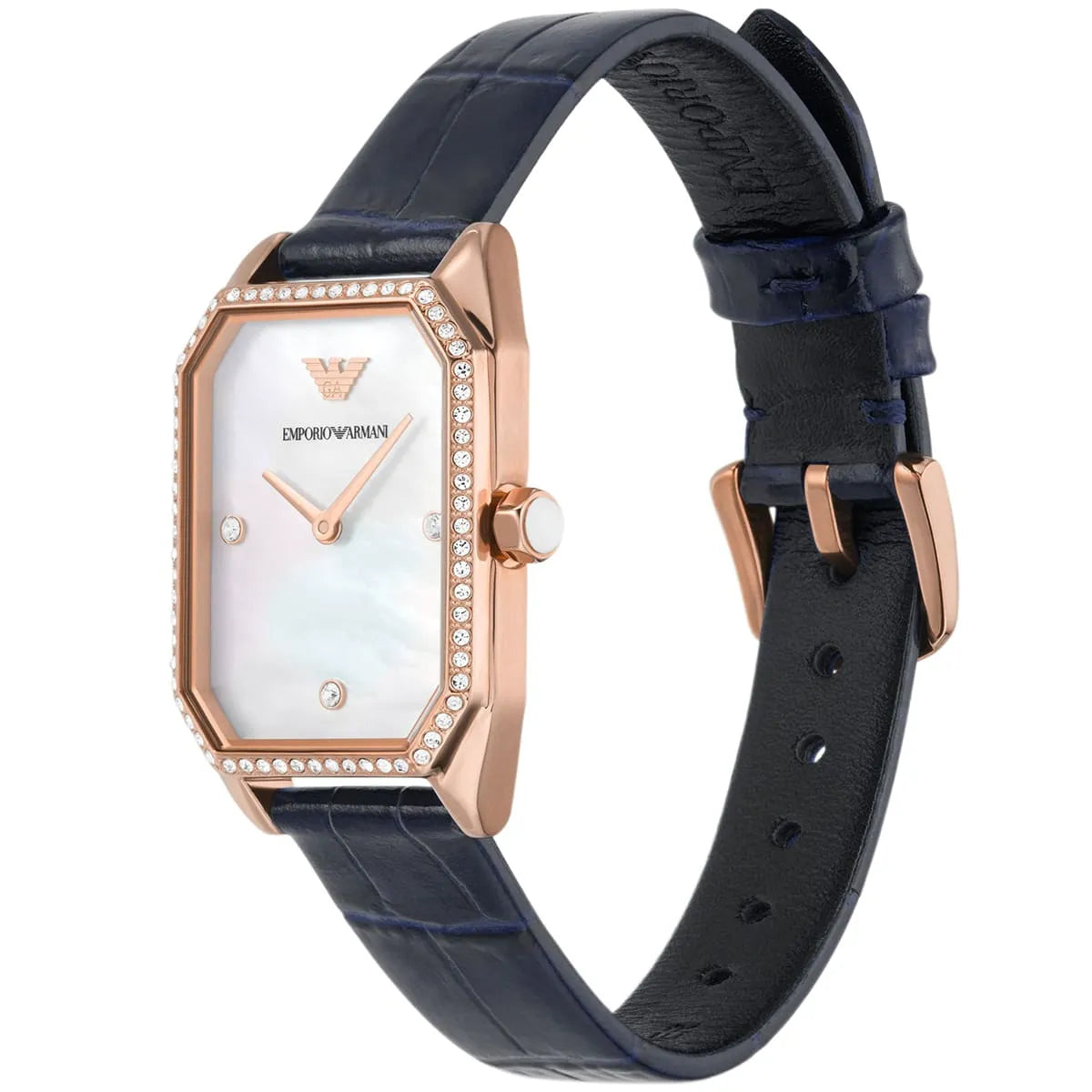 Emporio Armani AR11466 watch on wrist showing white dial and navy leather band
