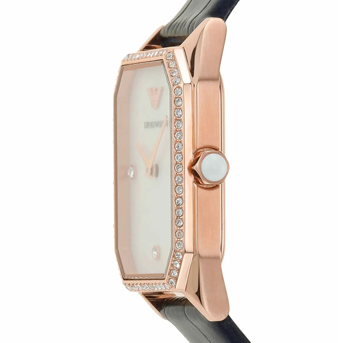 Emporio Armani AR11466 side view of rose gold case with white dial and navy strap