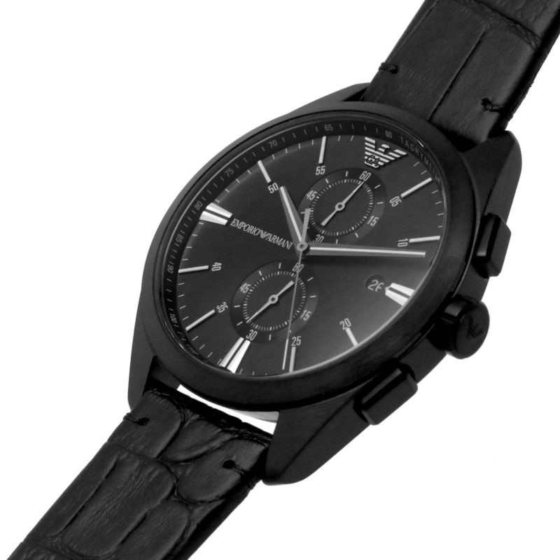 Emporio Armani AR11483 chronograph watch angled view showing black case and leather strap