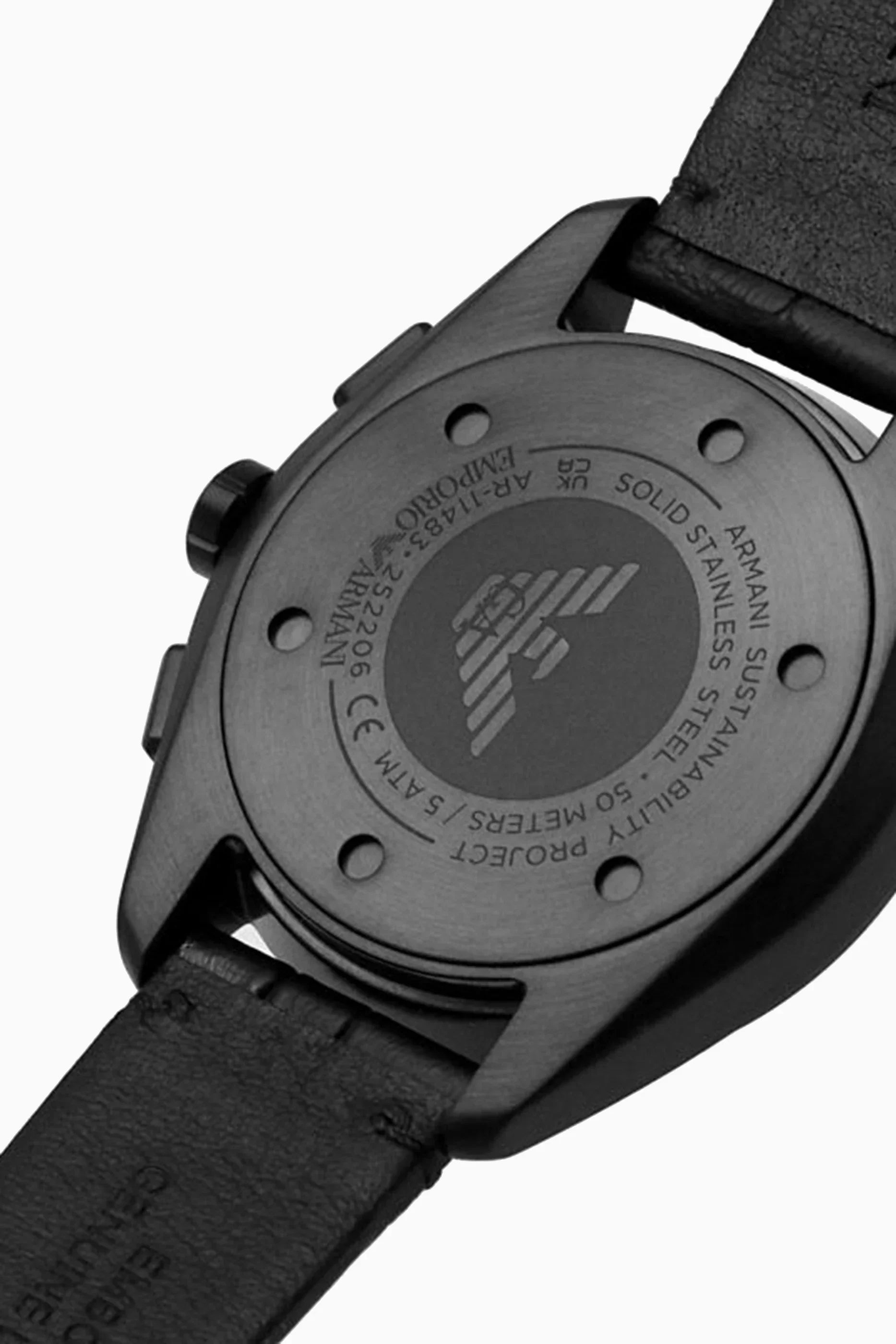 Emporio Armani AR11483 watch caseback showing brand logo and specifications
