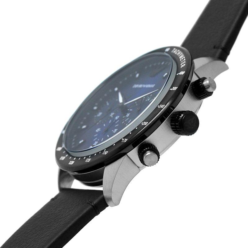 Side angle view of Emporio Armani chronograph showing stainless steel case and black leather strap