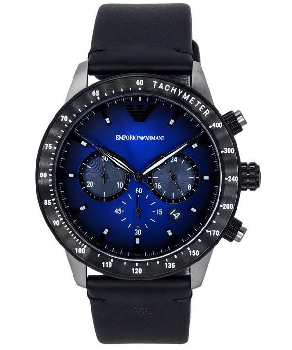 Emporio Armani chronograph watch with blue dial, tachymeter bezel, and black leather strap