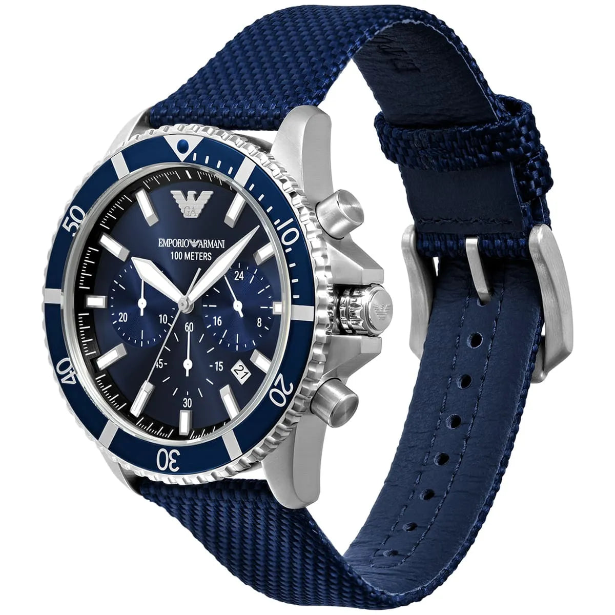 Side angle view of Emporio Armani AR11588 watch with blue fiber strap and silver case