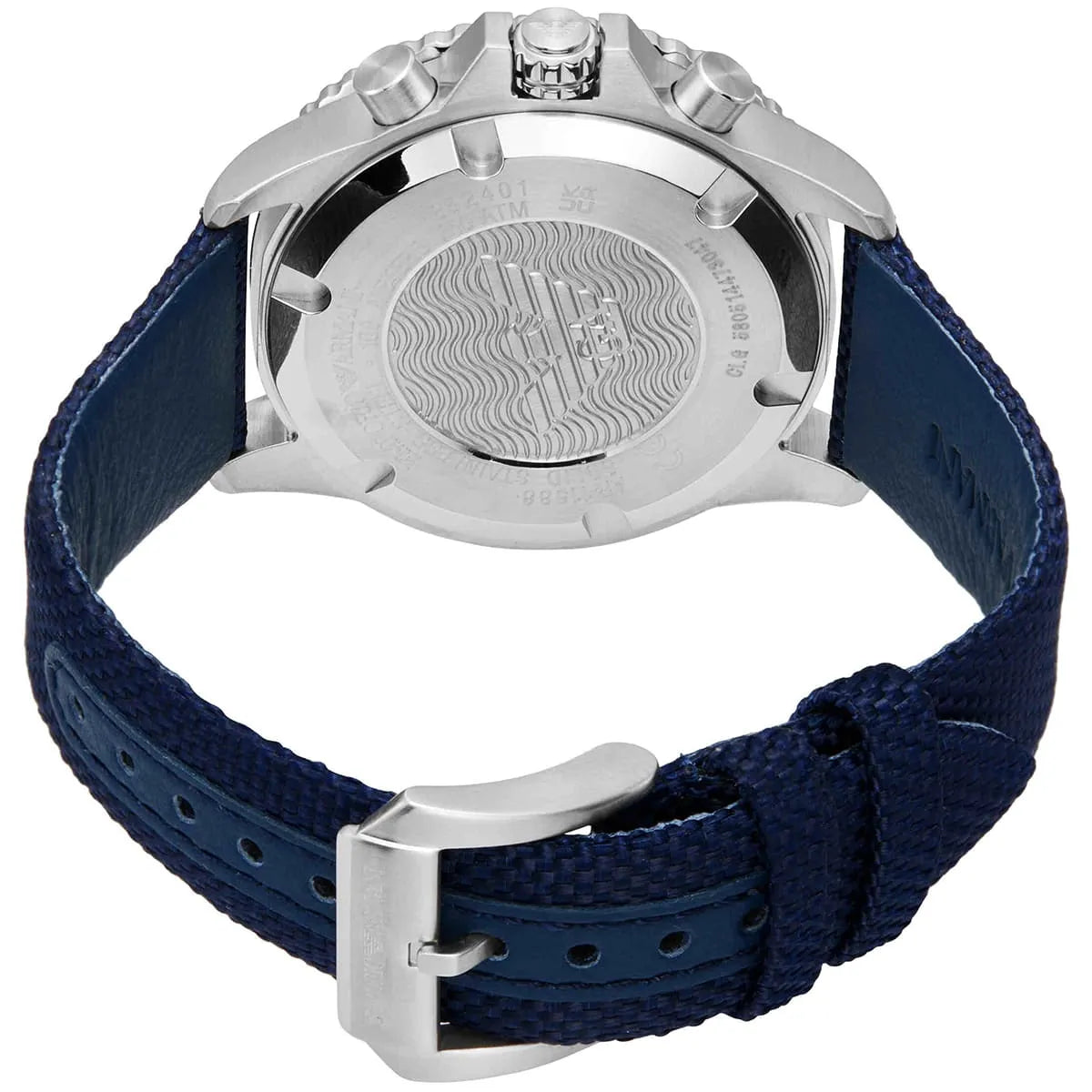 Caseback of Emporio Armani AR11588 with engraved dial pattern and blue strap