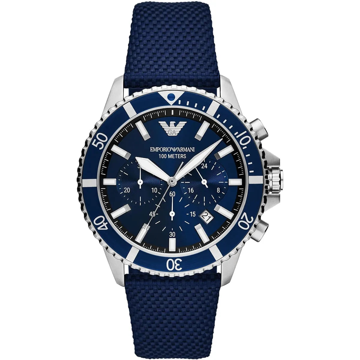 Emporio Armani AR11588 chronograph with blue dial, silver case, and rotating bezel