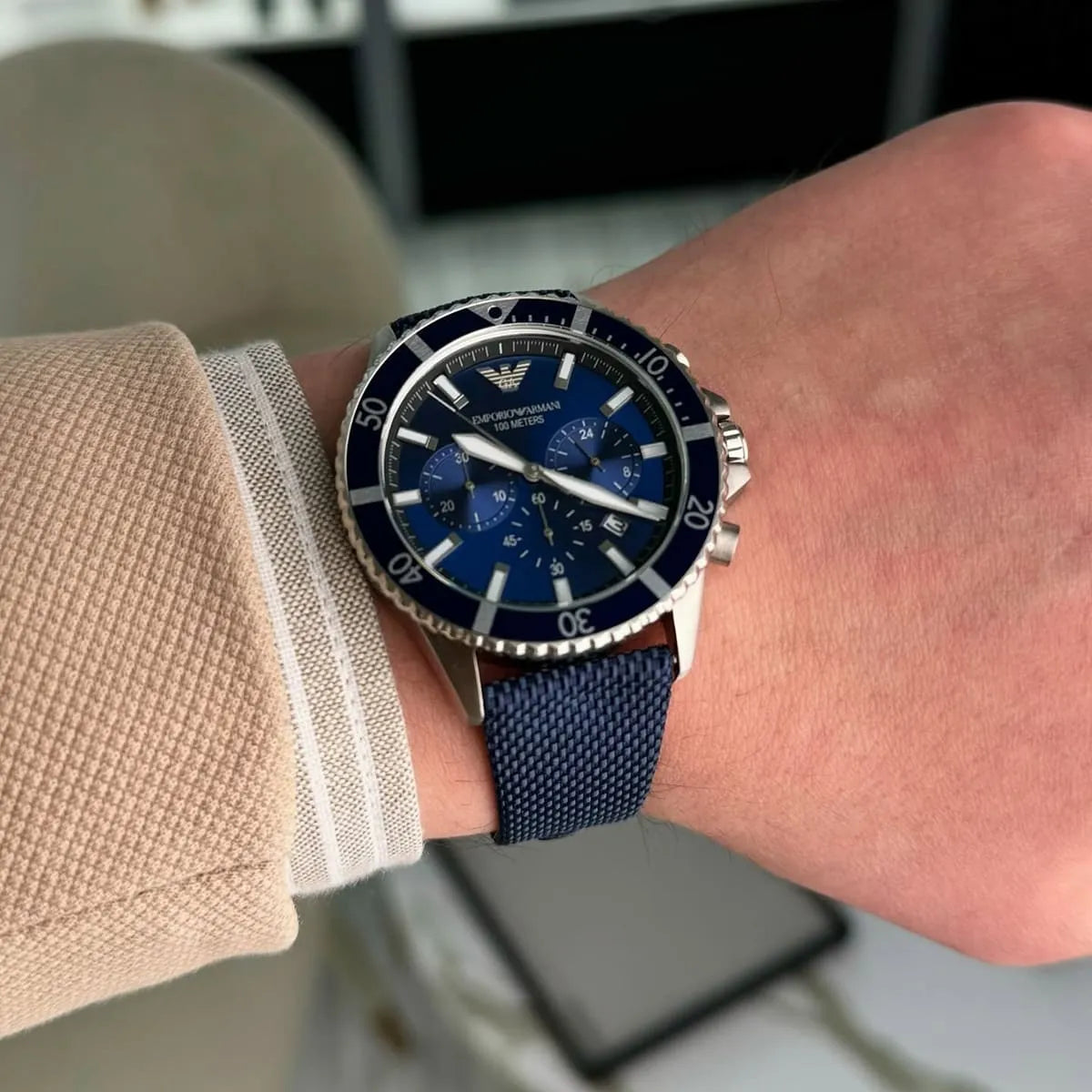 Emporio Armani AR11588 blue chronograph watch worn on wrist