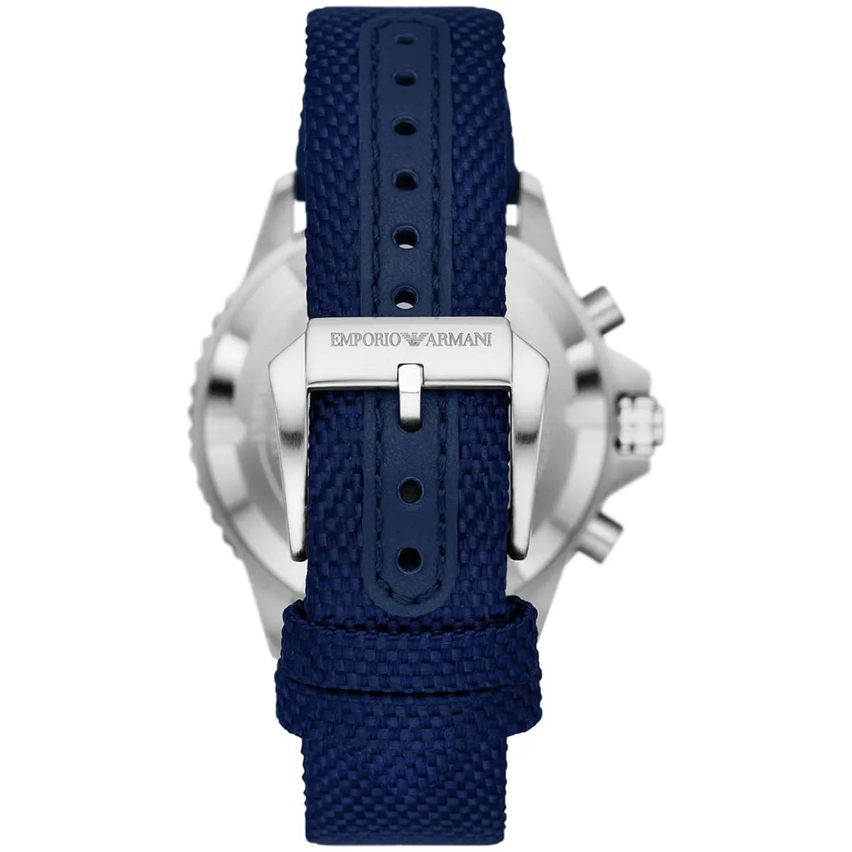 Top view of Emporio Armani AR11588 showing blue fiber strap with deployment clasp