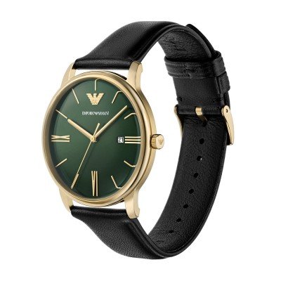 Emporio Armani AR11601 watch angled view showing green sunburst dial and black leather strap