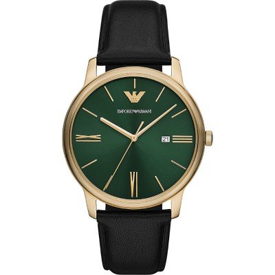 Emporio Armani AR11601 watch with green dial, gold case, and black leather strap