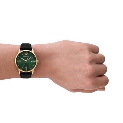 Emporio Armani AR11601 watch worn on wrist showing green dial and gold case