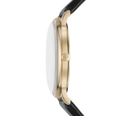 Emporio Armani AR11601 watch side profile showing case thickness and black leather strap