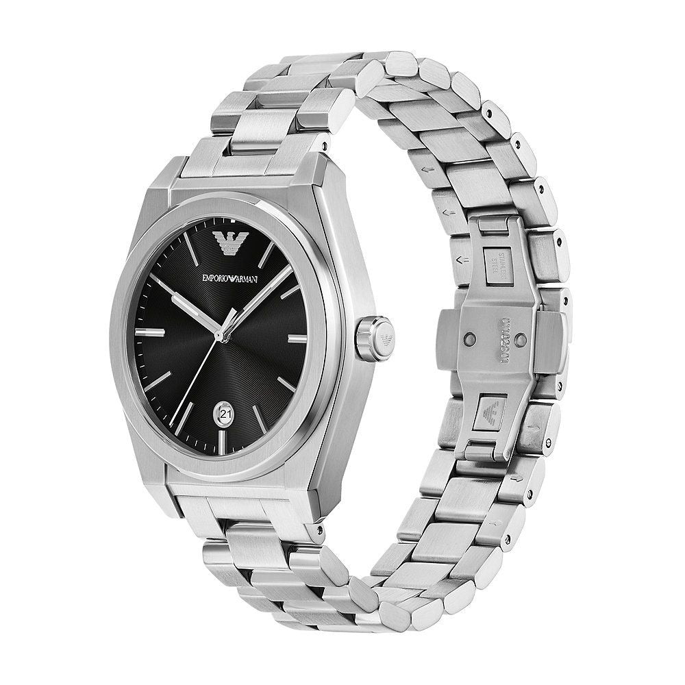 Three-quarter view of Emporio Armani AR11622 watch with black dial and steel bracelet