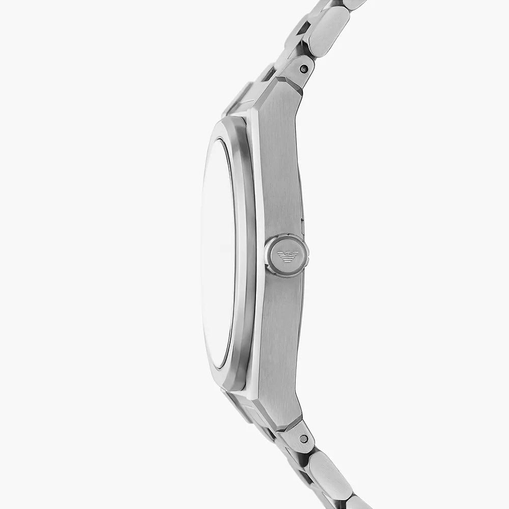 Side profile of Emporio Armani AR11622 watch showing stainless steel case and bracelet