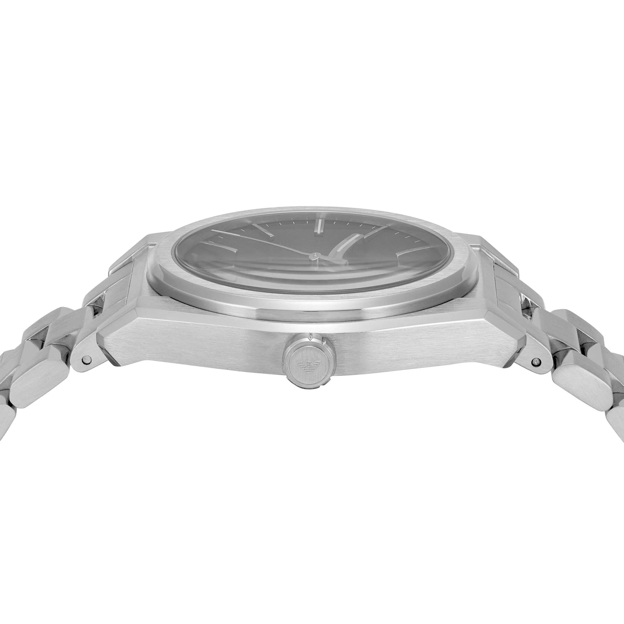 Top-down view of Emporio Armani AR11622 watch case with black dial and steel lugs