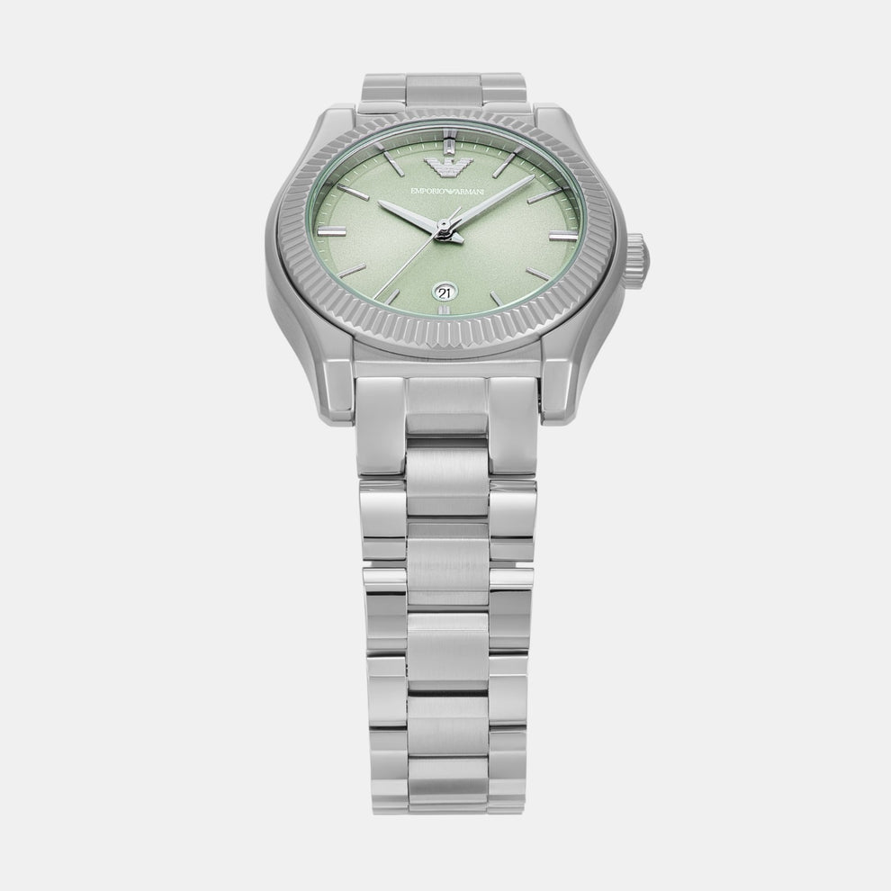Emporio Armani AR11656 watch at angle showing stainless steel three-link bracelet and light green dial face