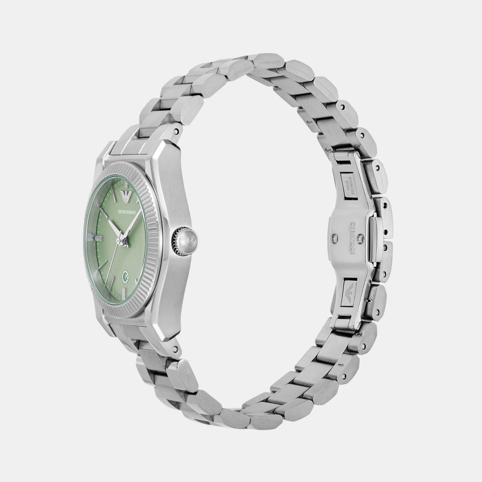 Three-quarter view of Emporio Armani AR11656 watch with light green dial and stainless steel three-link bracelet