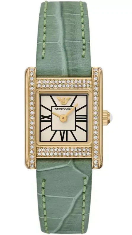 Emporio Armani AR11661 women's watch with white dial, gold crystal-set case, and green leather strap