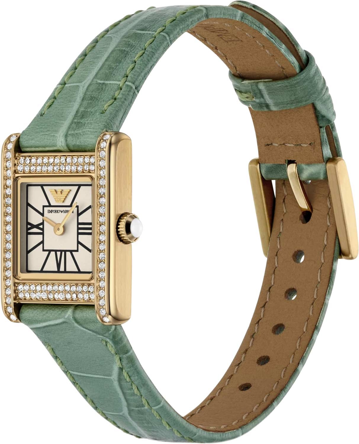 Emporio Armani AR11661 watch on wrist showing green crocodile leather strap and gold case with crystals
