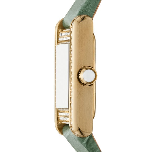 Side view of Emporio Armani AR11661 showing case profile, gold tone, and green leather strap