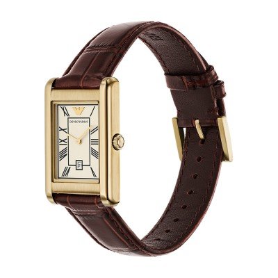Emporio Armani AR11665 watch shown from angle on brown crocodile-embossed leather strap
