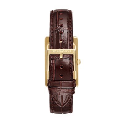Caseback view of Emporio Armani AR11665 with crocodile-embossed brown leather strap