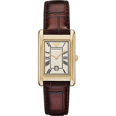 Emporio Armani AR11665 gold-tone rectangular watch with cream dial and brown leather strap