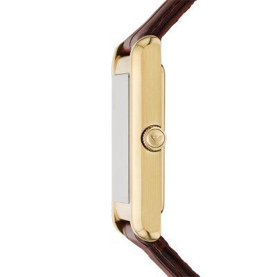 Side profile of Emporio Armani AR11665 showing gold-tone rectangular case depth