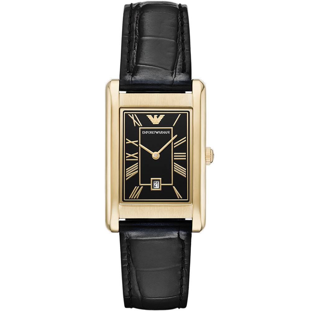 Emporio Armani AR11666 Gino watch with gold-tone rectangular case, black dial, and black leather strap