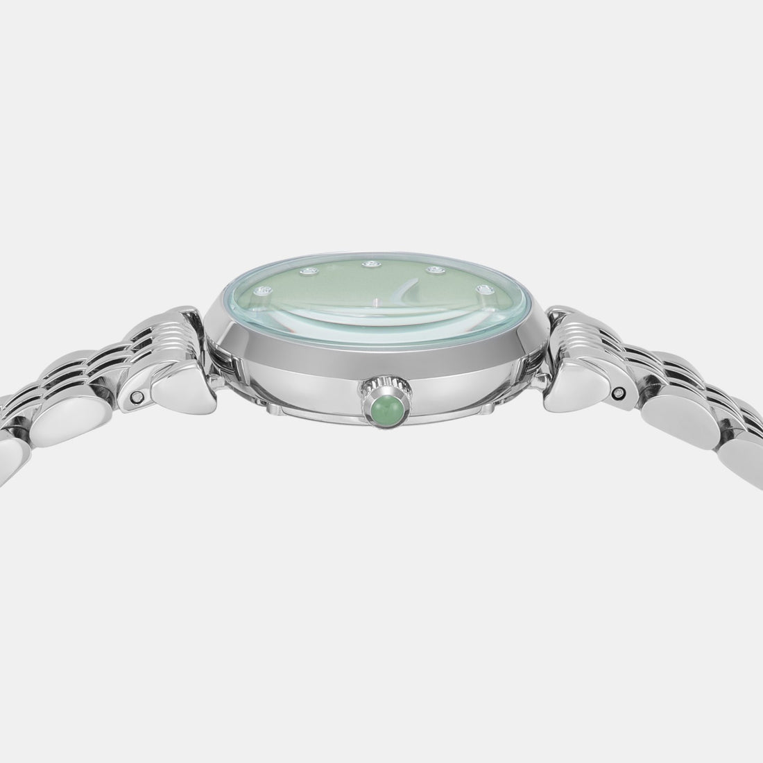 Emporio Armani AR11667 side profile view of case with green dial and crystal embellishments
