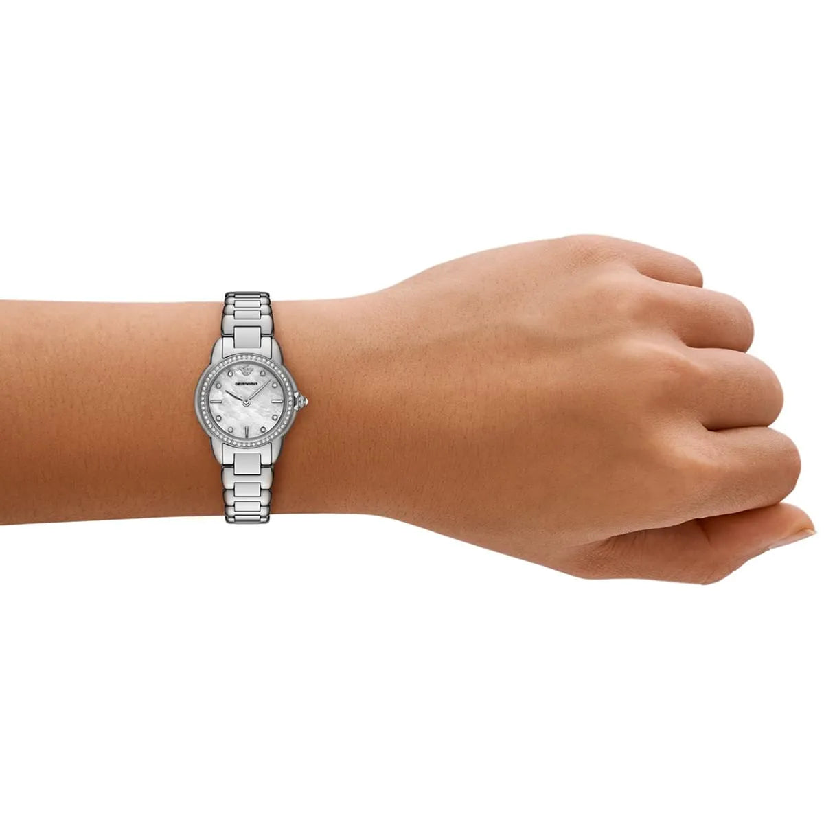 Emporio Armani AR11669 white dial quartz watch worn on wrist with stainless steel bracelet