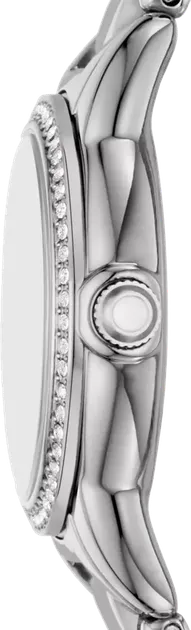Side profile of Emporio Armani AR11669 women's watch with stainless steel case and bracelet