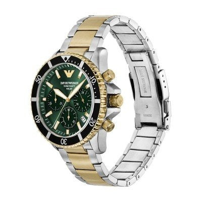 AR11695 World Explorer watch showing side profile with two-tone steel and gold bracelet