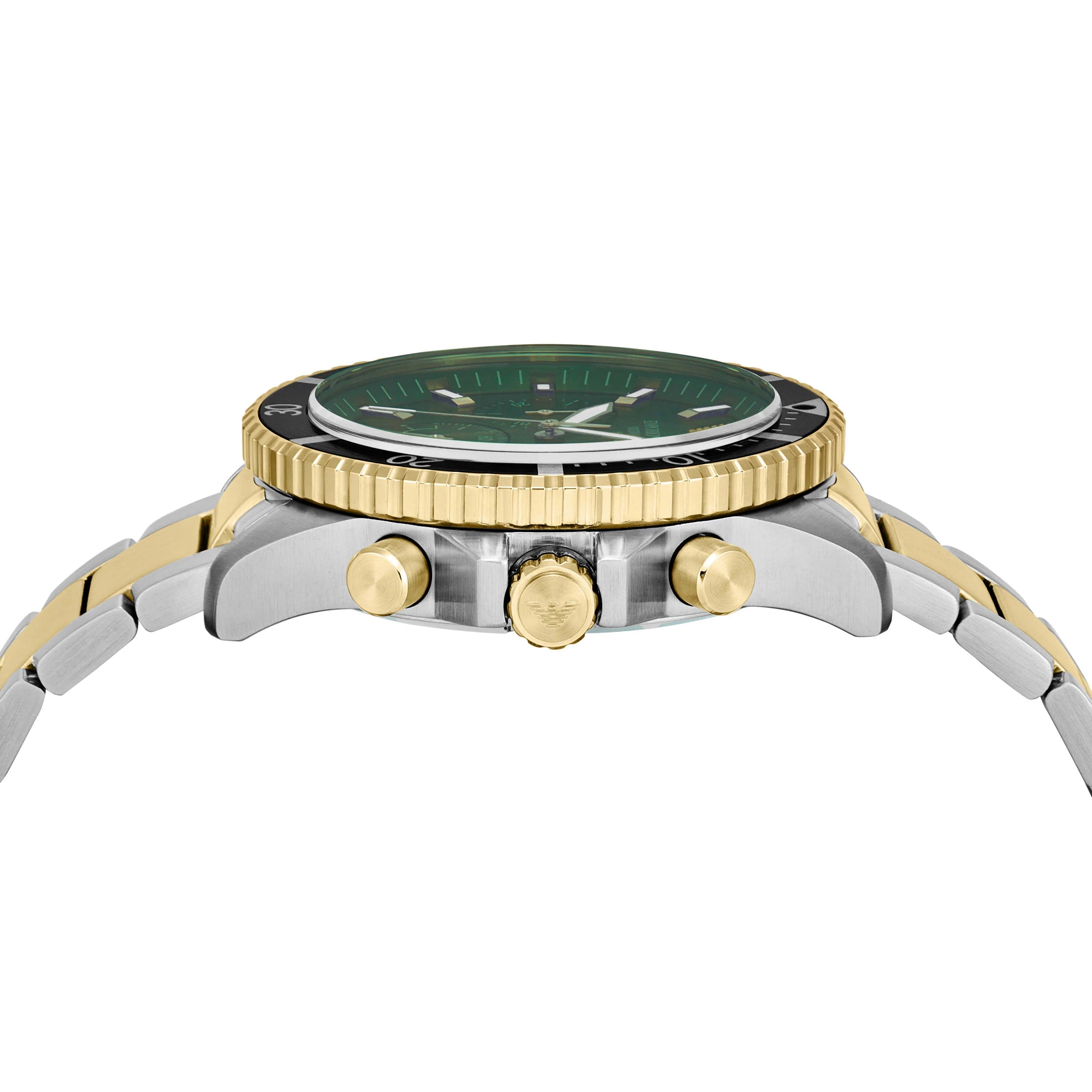 Close-up of AR11695 green dial with chronograph subdials and gold bezel