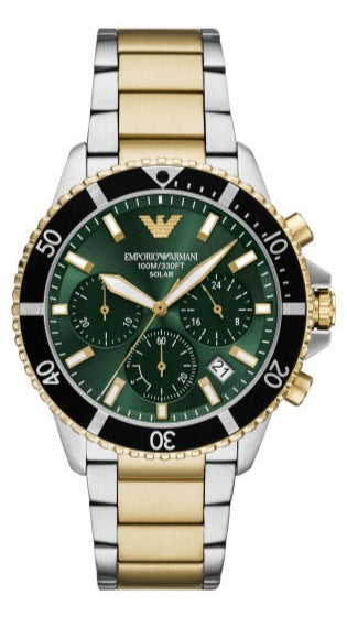 Emporio Armani AR11695 World Explorer chronograph with green dial and two-tone strap