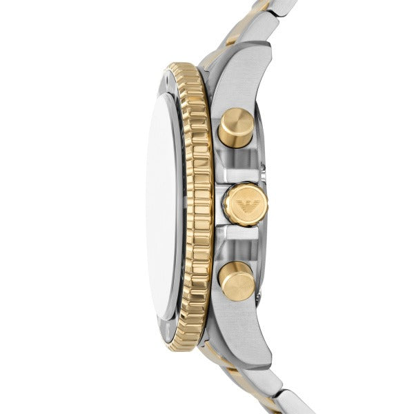AR11695 chronograph watch side profile showing gold bezel, crown, and pushers detail