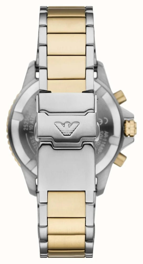 AR11695 World Explorer watch strap and case back detail in two-tone steel